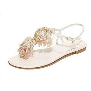 Stuart Weitzman Jabow Flat Tassel Pom Pom Sandals Nude Leather Womens Size 10 M